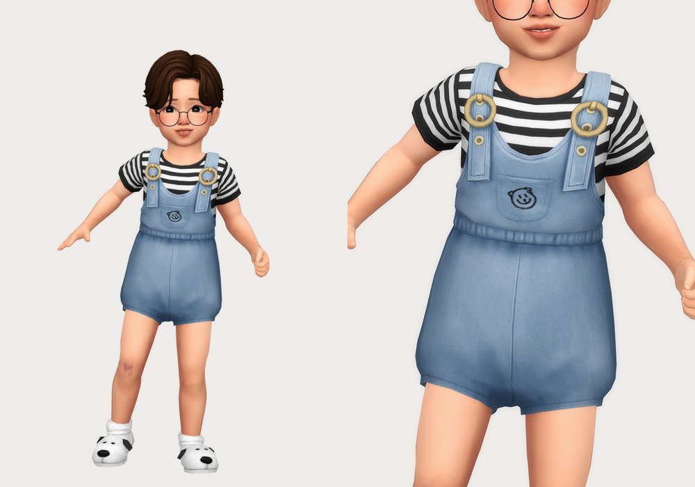 Ein Sim, der in eine Richtung geneigt ist und ein Sims 4 CC-Outfit mit einem gestreiften schwarz-weißen Shirt trägt.