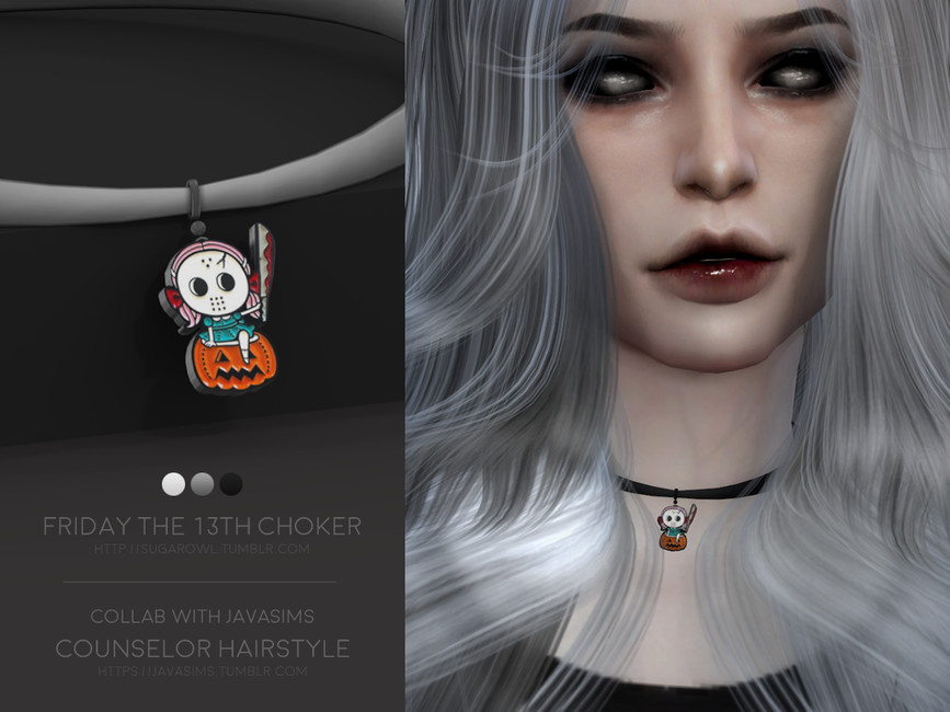 Eine Sim mit grauen Haaren, die einen Choker trägt, der nach Freitag dem 13. thematisch gestaltet ist