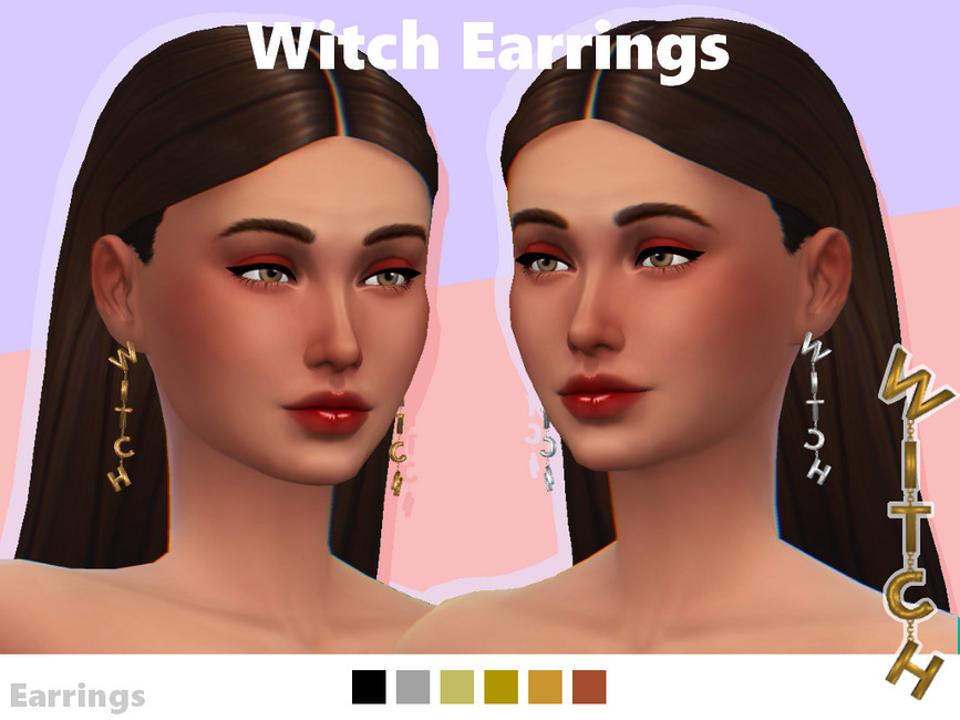 Ein Sim in Die Sims 4 mit braunem Haar, der CC-Halloween-Ohrringe trägt, auf denen die Buchstaben in HEXE stehen