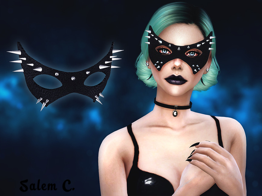 Ein Sim mit blauen Haaren, der eine schwarze Maske mit Stacheln trägt. Sie trägt auch ein schwarzes Lederhalsband und schwarzen Lippenstift.