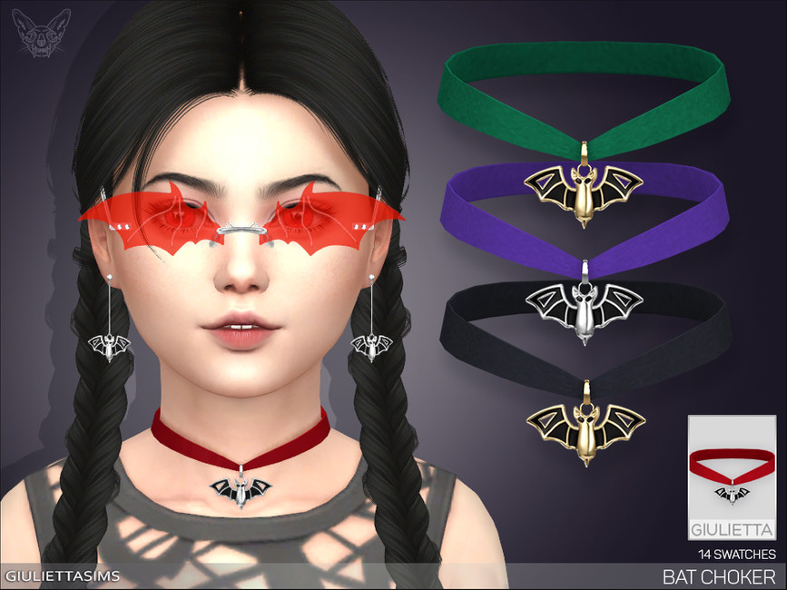 Ein Sim mit schwarzen Haaren in geflochtenen Zöpfen, sie trägt Halloween-Brille und einen Samt Choker Sims 4 CC Accessoire