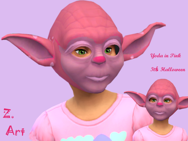 Ein Sim in einem rosa Hemd, der eine leuchtend rosa Yoda-Maske trägt