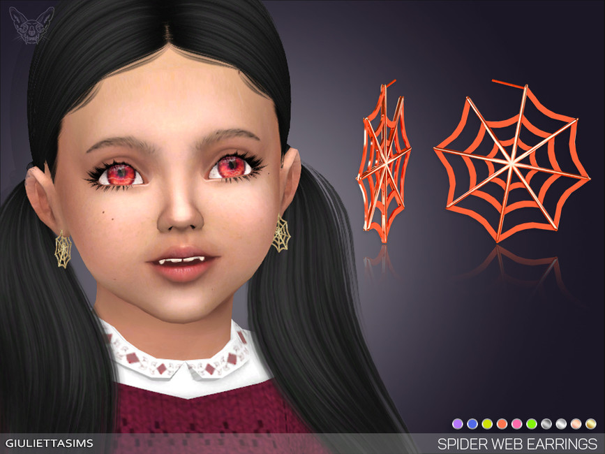 Ein Kleinkind in Die Sims 4, das ein Paar CC-Halloween-Spinnennetz-Ohrringe trägt. Der Sim hat schwarze Haare in Zöpfen hinter dem Ohr und rote Augen.