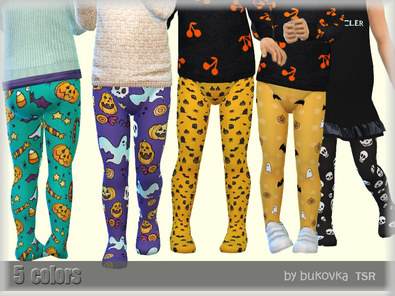 Fünf Körper (Köpfe sind abgeschnitten) tragen verschiedene Oberteile, aber alle tragen eine Sims 4 CC Halloween-Strumpfhose mit lustigen Mustern.