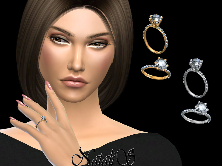 Ein schwarzer Hintergrund mit einem Sim darauf, sie haben braune Haare und rosa Nägel und tragen einen Sims 4 CC Ehering.