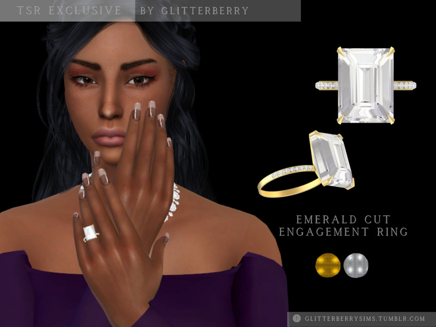 Ein Sim auf schwarzem Hintergrund, der einen großen Sims 4 Hochzeits-CC-Ring mit Smaragdschliff trägt.
