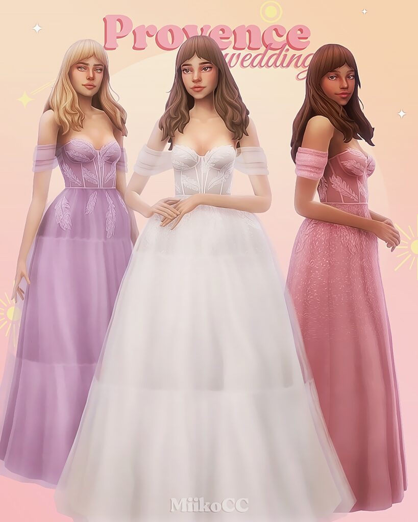 Drei Sims mit offenen Haaren und Pony, die ein Korsett-Hochzeitskleid tragen