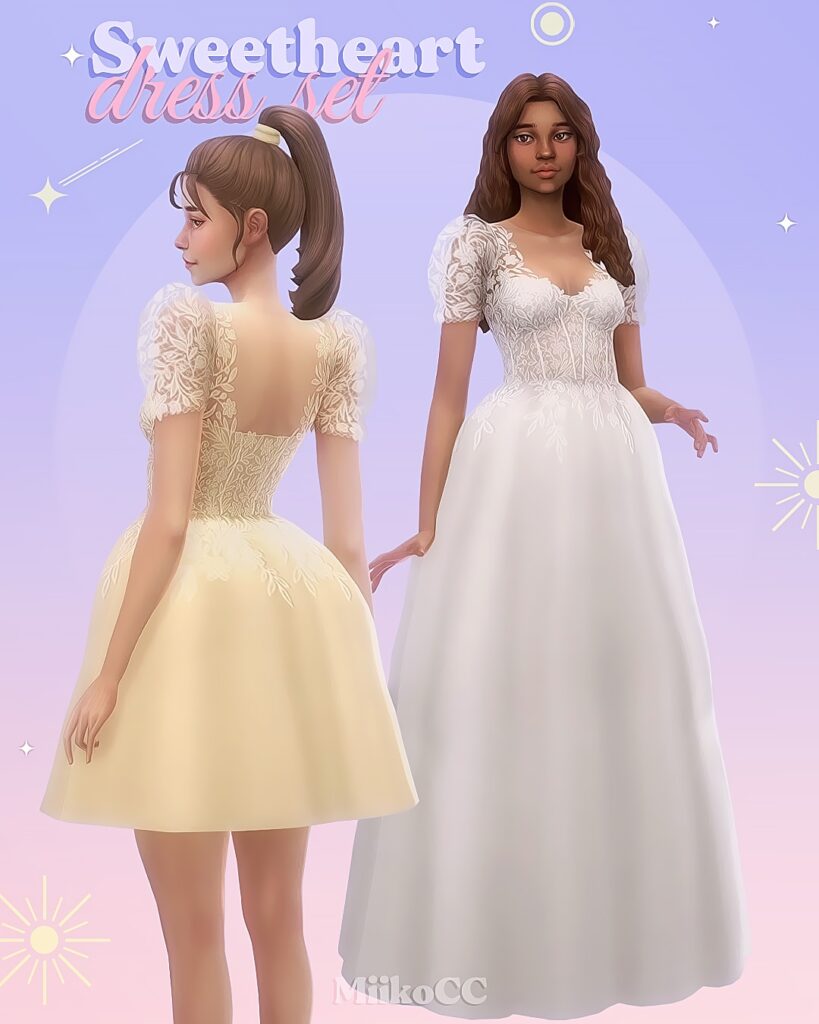 Zwei Sims tragen ein Hochzeitskleid mit Spitzenpuffärmeln, sowohl in lang als auch in kurz.
