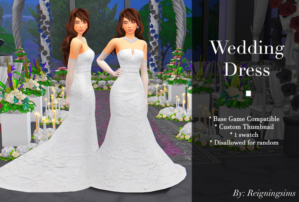 Eine Sim trägt ein Hochzeitskleid mit braunen Haaren und einer großen Halskette mit Edelsteinen.