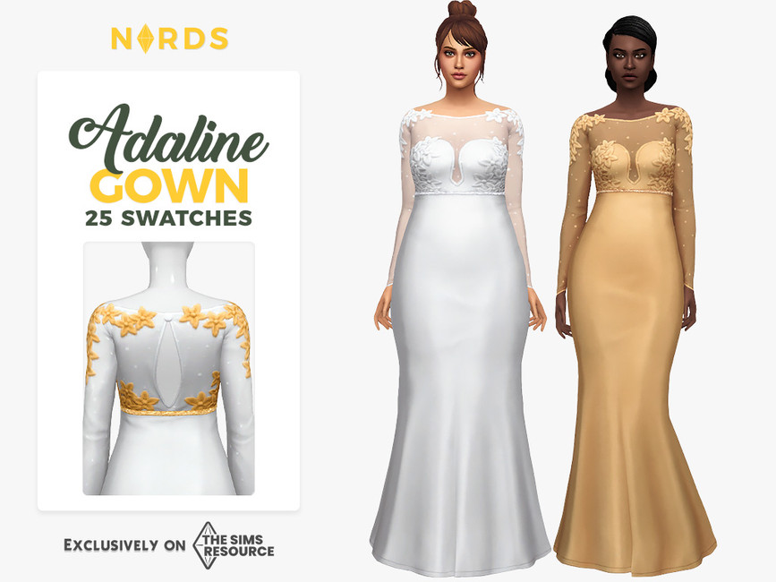 Zwei Sims, die nebeneinander stehen und ein Kleid mit einem tiefen V-Ausschnitt und einem Netzoberteil mit langen Ärmeln tragen.