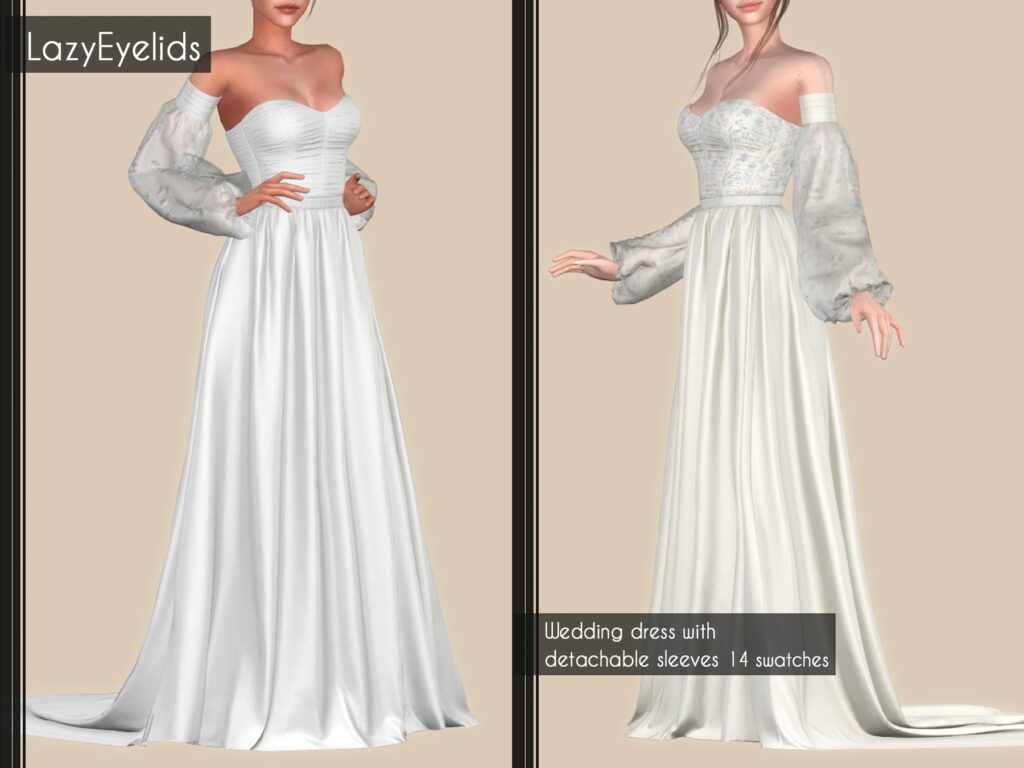 Zwei Rechtecke mit Sims darin, deren Köpfe vom Bild abgeschnitten sind. Sie tragen Variationen desselben weißen Hochzeitskleides.