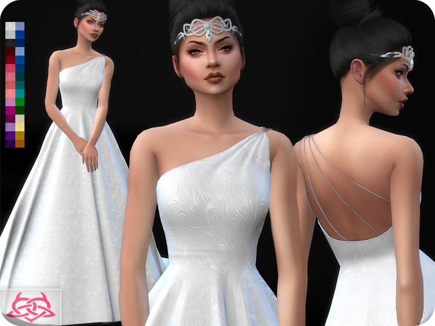 Derselbe Sim dreimal. Dieser Sim trägt ein Ein-Schulter-Weißkleid.