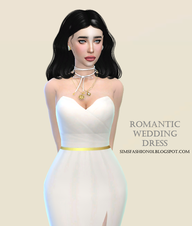 Eine Sim mit schwarzen Haaren trägt ein Brautkleid mit einem Herz-Ausschnitt und einem goldenen Gürtel.