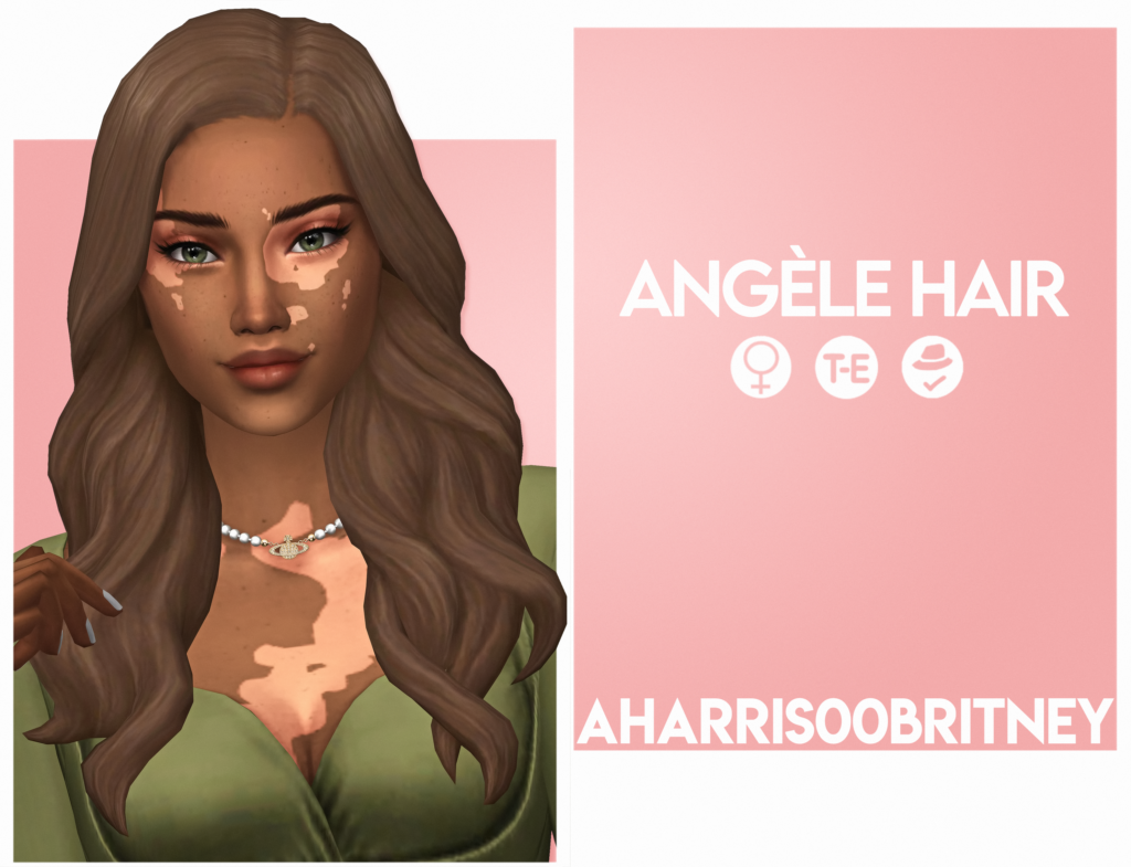 Ein Sim mit Vitiligo, der ein grünes Hemd und grüne Augen hat. Sie haben ihre Haare in lockeren Wellen.