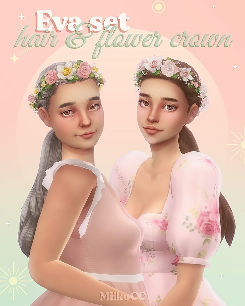 Zwei Sims mit großen braunen Augen tragen ihre Haare in einem tiefen Pferdeschwanz und haben einen Blumenkranz.