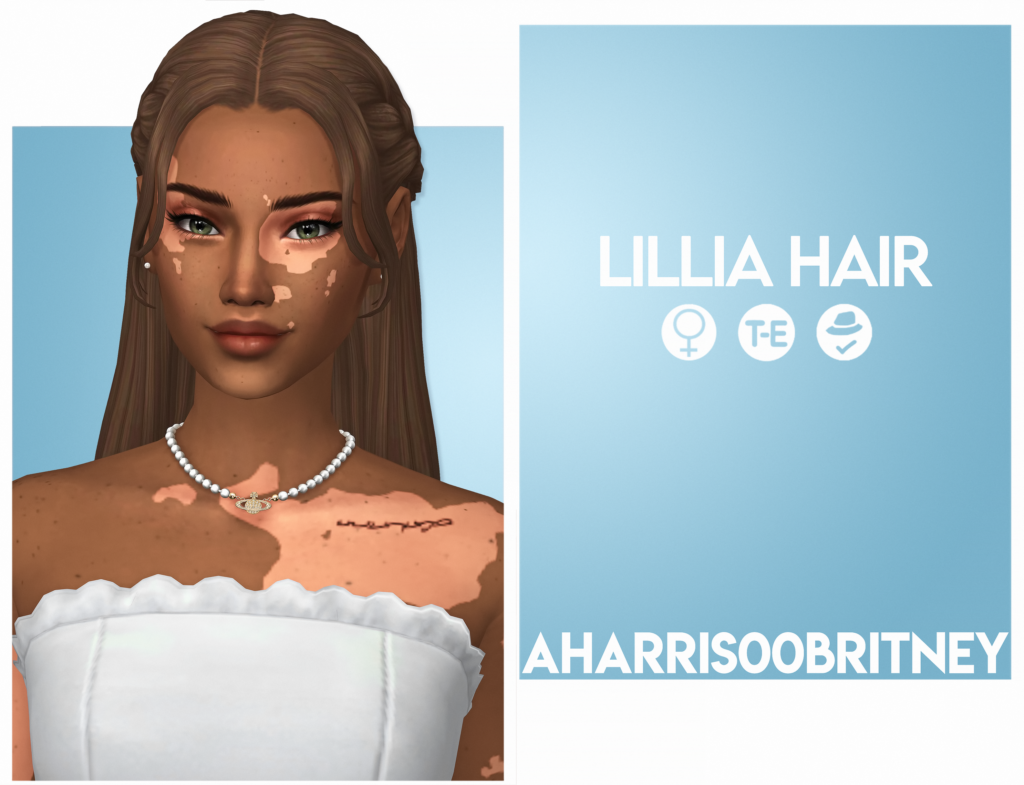 Ein Sim mit Vitiligo, der ein weißes Hemd und eine Perlenkette trägt. Ihre Haare sind halb hochgesteckt und halb offen mit Gesichtsrahmenschnitten.
