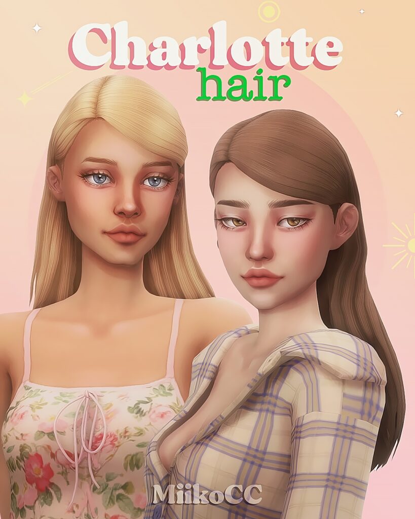Zwei Sims mit ihrer Haaren mit einem tiefen Seitenscheitel, die hinter ihren Ohren und ihrem Rücken versteckt sind.