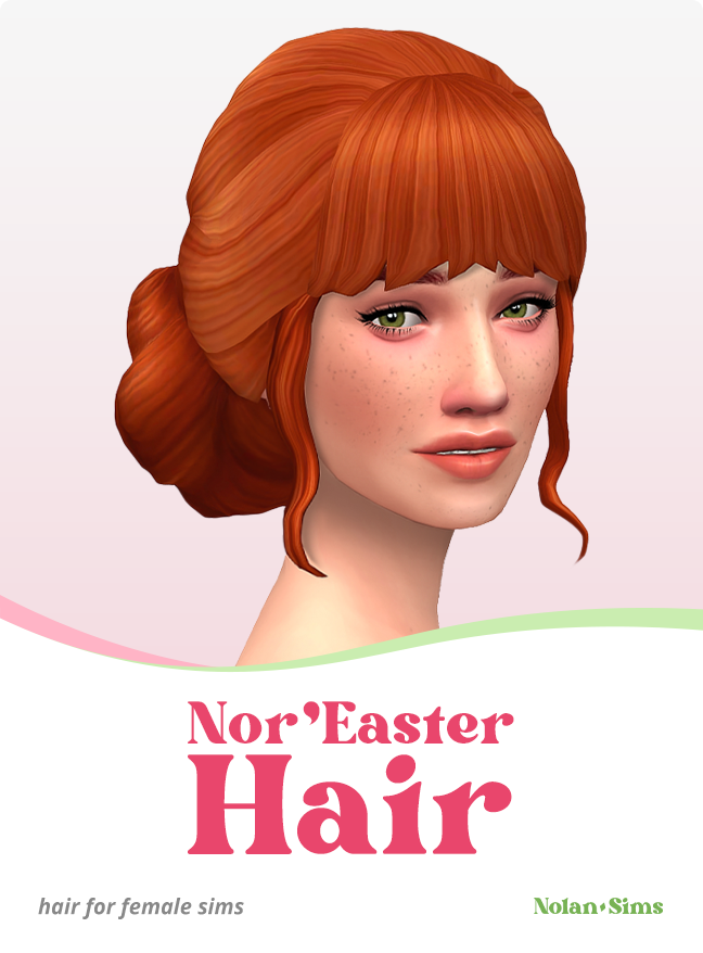 Ein Sim mit roten Haaren, grünen Augen und Sommersprossen. Ihre Haare haben Ponyfransen, zwei Gesichtsrahmungen und sind zu einer Hochsteckfrisur gesteckt.