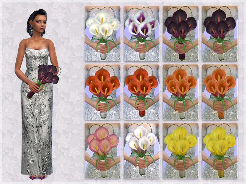 Eine Sim, die ein silbernes Kleid trägt, mit hochgesteckten Haaren und einen Hochzeits-CC-Blumenstrauß hält.