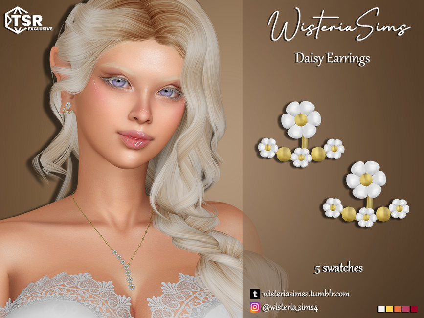 Ein Sim mit platinblonden Haaren, der ein Paar Ohrringe mit Gänseblümchen trägt