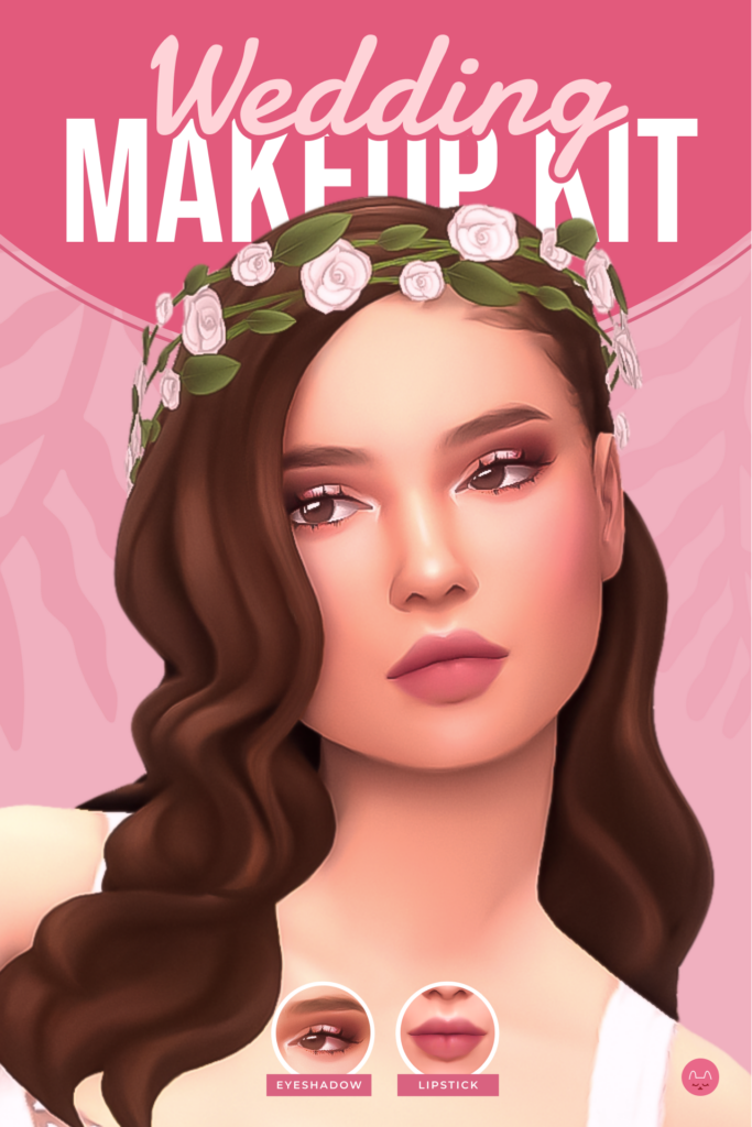 Eine weibliche Sim aus Die Sims 4 mit braunen Haaren und braunen Augen. Sie trägt einen Blumenkranz und leichtes Hochzeits-CC-Make-up.