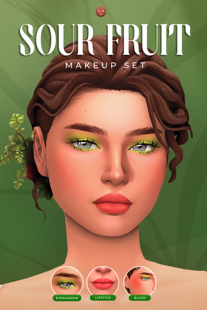 Ein Sim mit braunem Haar in einer Hochsteckfrisur trägt pinken Lippenstift und grünen Sims 4 Hochzeits-CC-Lidschatten.