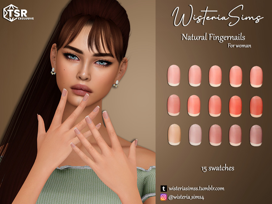 Ein Sim mit braunen Haaren und Pony. Sie haben neutrale und natürlich aussehende Sims 4 Hochzeits-CC-Nägel.