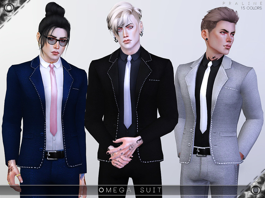 Drei edel aussehende Sims, die Anzüge mit weißer Verzierung für eine Hochzeit tragen.