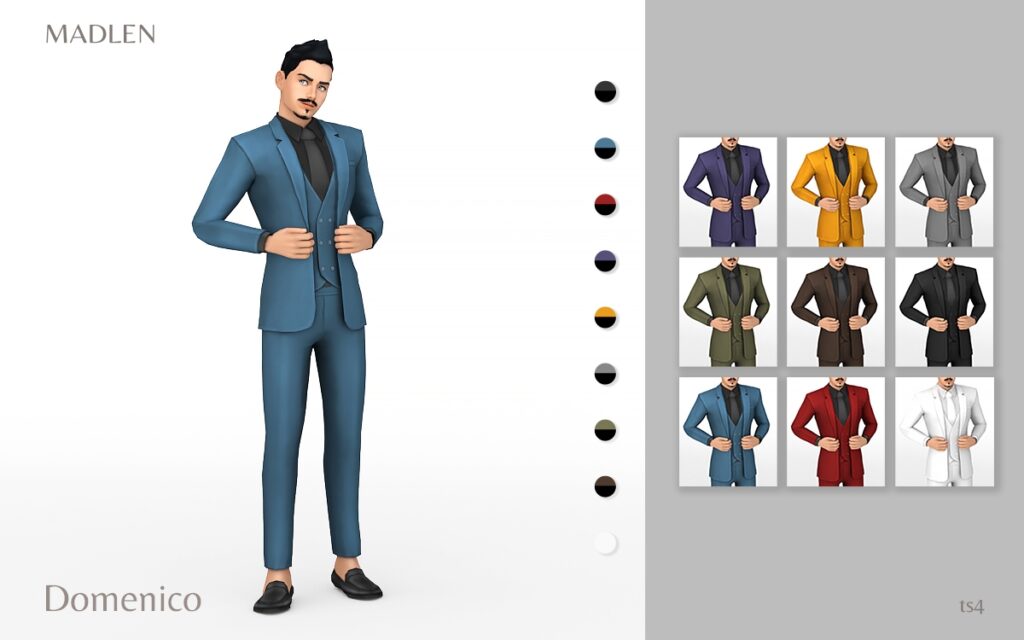 Ein Sim mit schwarzen Haaren und Schnurrbart, der Slipper und einen blauen Anzug mit schwarzem Hemd und Krawatte trägt.