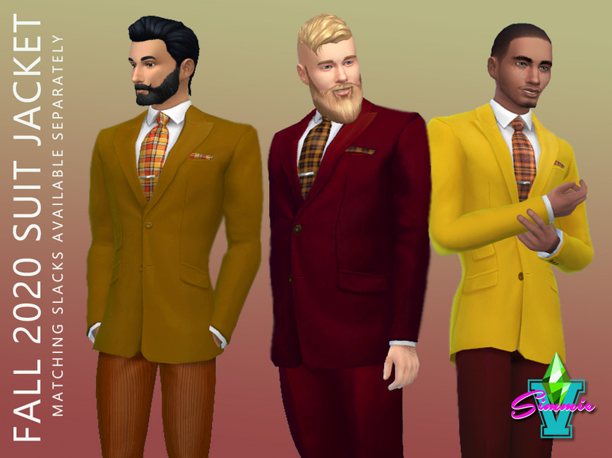 Drei verschiedene Sims, die alle Anzüge mit einem Einstecktuch in verschiedenen Herbstfarben wie Rot, Braun und Gelb tragen.