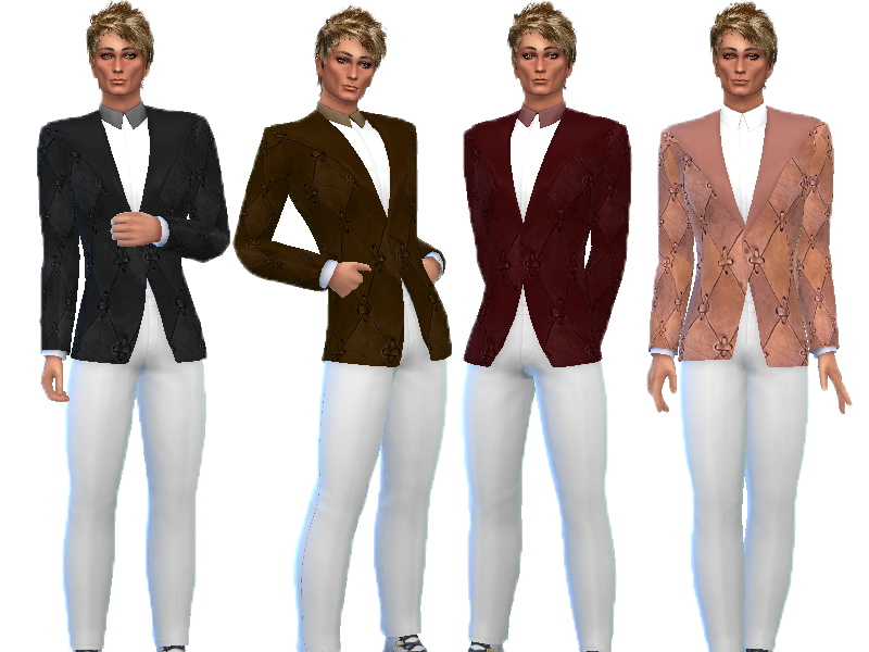 Ein Sim mit schmutzig blonden Haaren trägt weiße Hosen und ein weißes Hemd unter einem Anzugjacke.