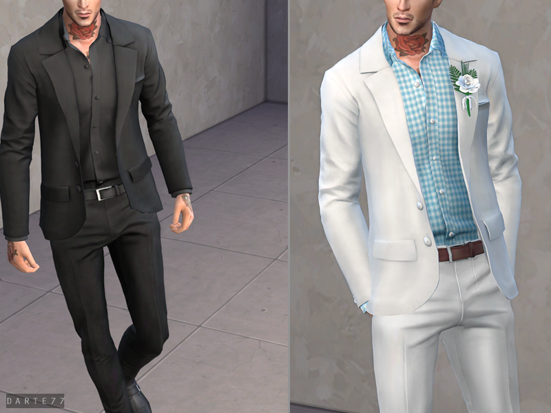 Derselbe Charakter aus Die Sims 4 auf zwei separaten Bildern nebeneinander. Sie tragen einen Anzug ohne Krawatte, die obersten zwei Knöpfe sind offen und sie haben eine Rosen-Tätowierung am Hals.