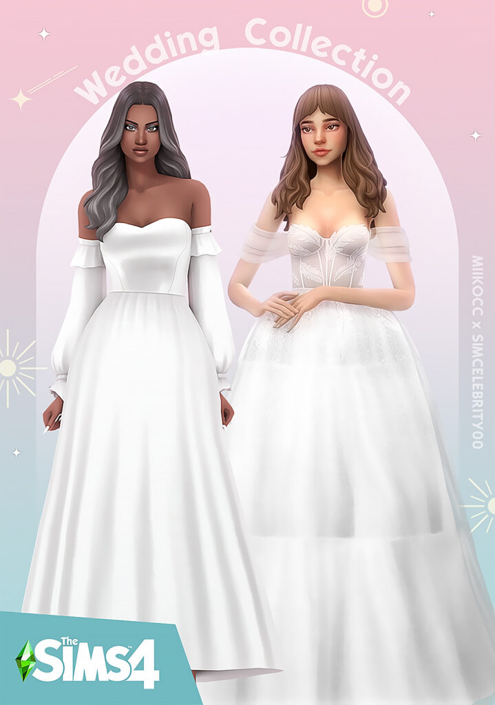 Zwei Sims stehen nebeneinander, mit heruntergelassenen Haaren, tragen CC-Hochzeitskleider.