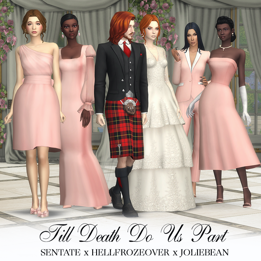 Ein rothaariger männlicher Sim in einem Kilt, ein rothaariger weiblicher Sim in einem Hochzeitskleid und vier weibliche Sims in hellrosa Outfits für die Brautgesellschaft.