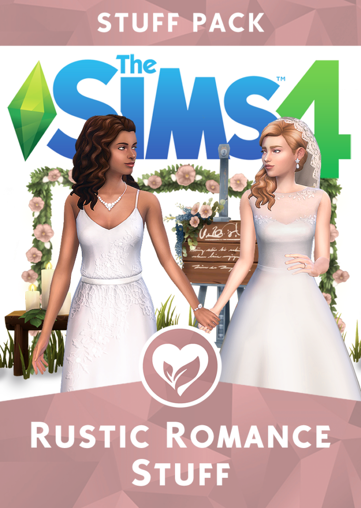 Das Cover eines von der Community erstellten Erweiterungspacks für Die Sims 4 namens Rustikale Romantik Stuff.