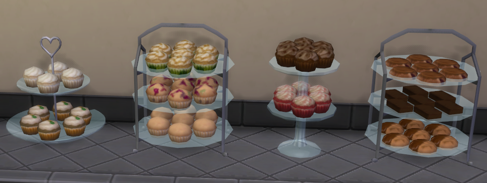 Eine beige Wand mit einer Theke. Auf der Theke steht eine Sammlung von Sims 4 Hochzeits-CC-Desserts auf verschiedenen Dessertständern.