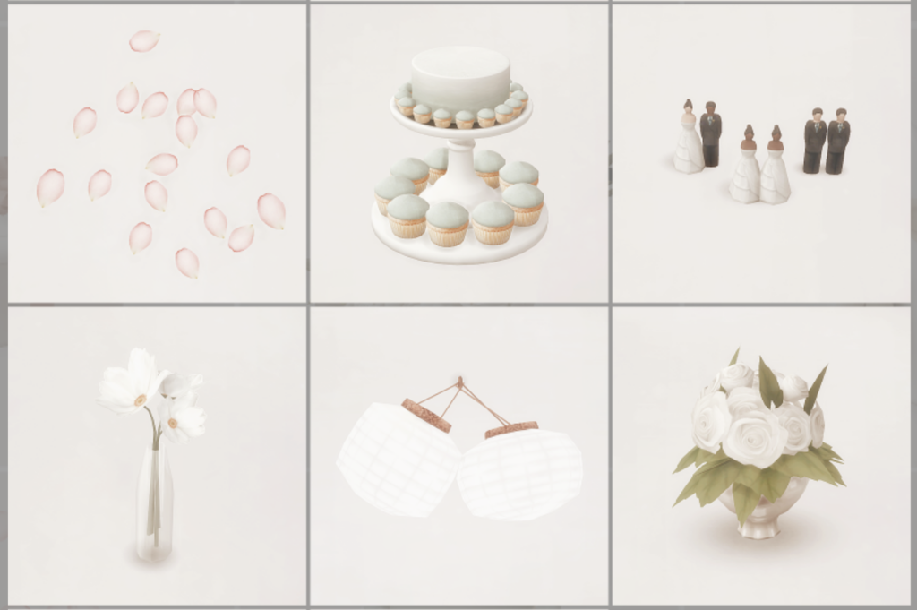 6 Quadrate in einem 3x2-Format mit einem beigen Hintergrund. Diese Quadrate sind mit Hochzeits-CC-Dekorationen wie einem Kuchen, Hochzeitstortenfiguren, Blumen und Laternen gefüllt.
