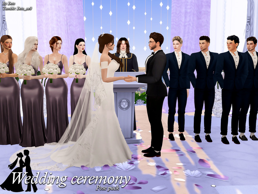 Zwei Sims stehen am Altar mit ihrer Brautgesellschaft an jeder Hand. Bei dieser CC-Hochzeit in Die Sims 4 halten die Sims Händchen und schauen sich gegenseitig an.