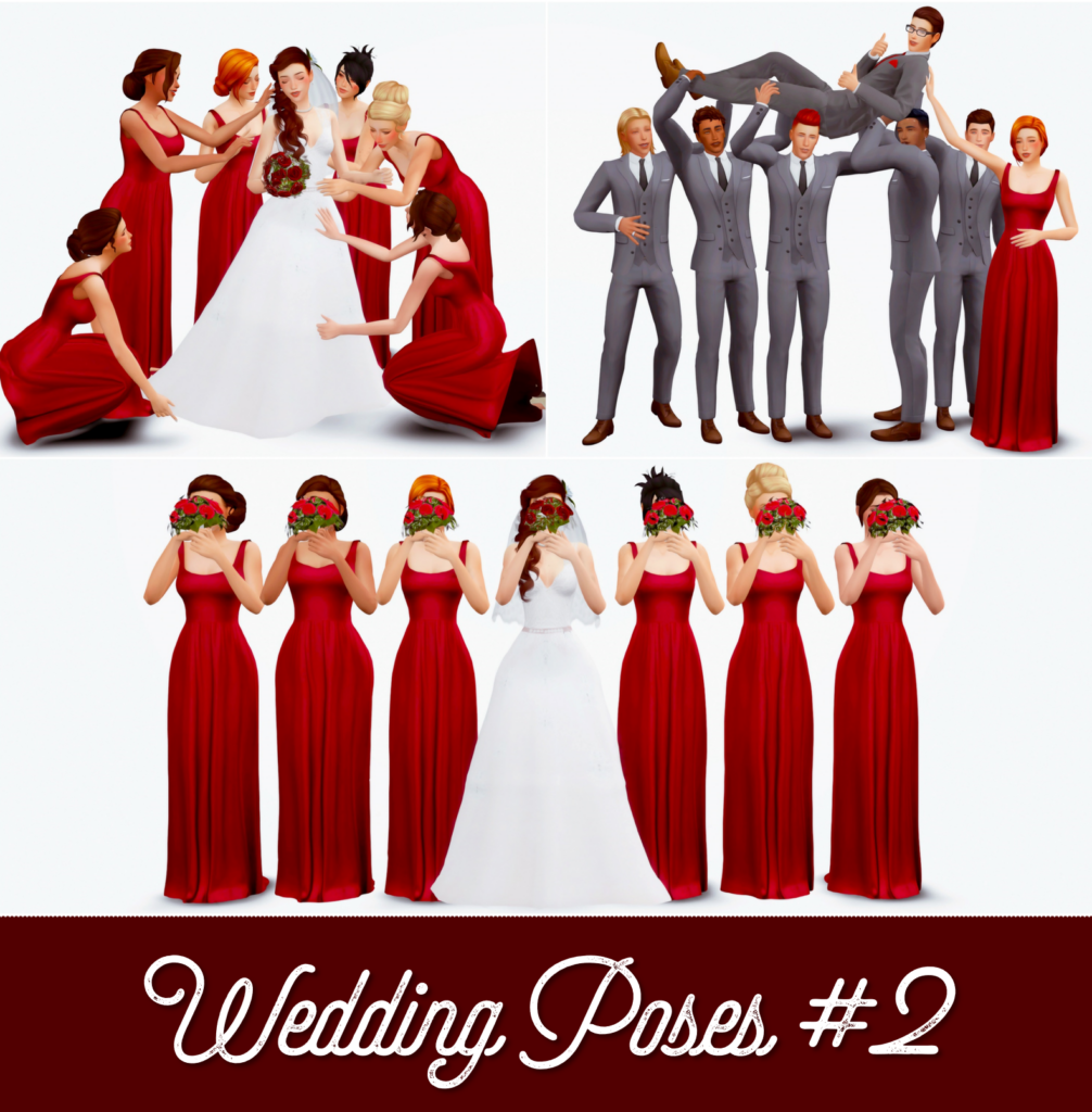 Drei verschiedene Gruppen von Personen aus einer Hochzeitsgesellschaft, die entweder mit der Braut oder dem Bräutigam posieren, in Die Sims 4 CC.