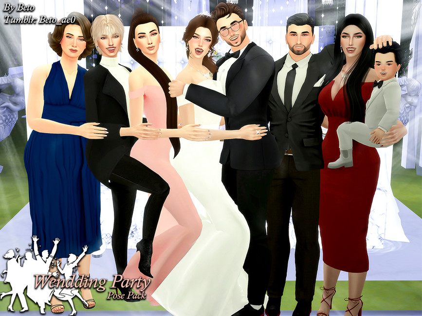 Eine Gruppe unterschiedlicher Sims posiert neben einem Brautpaar.