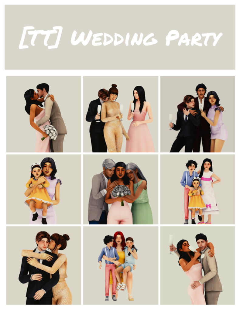 9 beige Quadrate mit weißen Linien dazwischen, jedes Quadrat zeigt eine Sims 4 CC-Hochzeitspose mit verschiedenen Sims, die an einer Hochzeit teilnehmen.