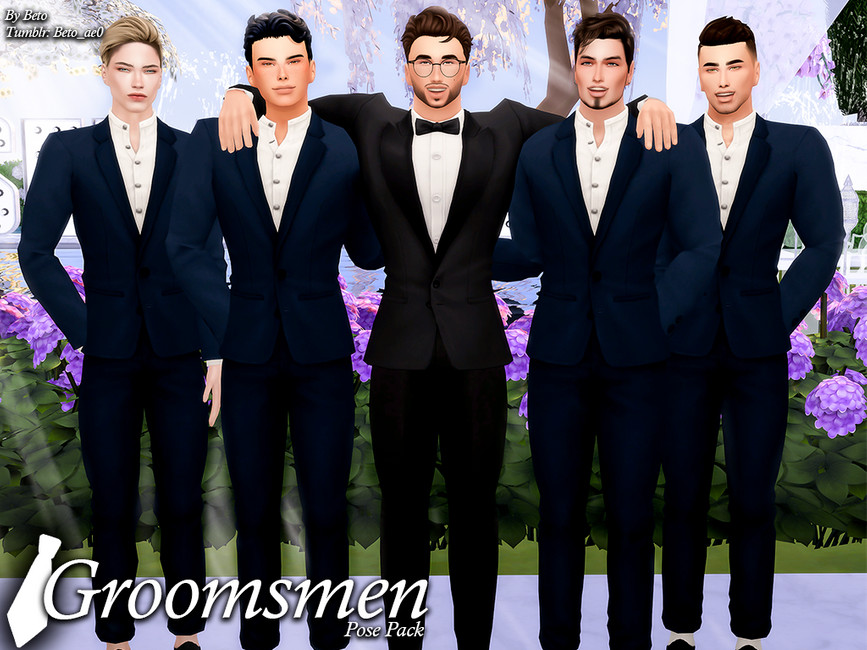 Fünf männliche Sims in Anzügen, die auf einer CC-Hochzeit in Die Sims 4 mit dem Bräutigam posieren.