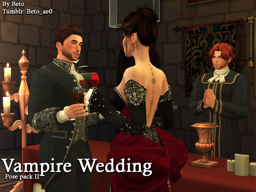 Zwei Vampir-Sims, die kurz davor sind, zu heiraten und Wein in einem dunklen Kellerraum halten.