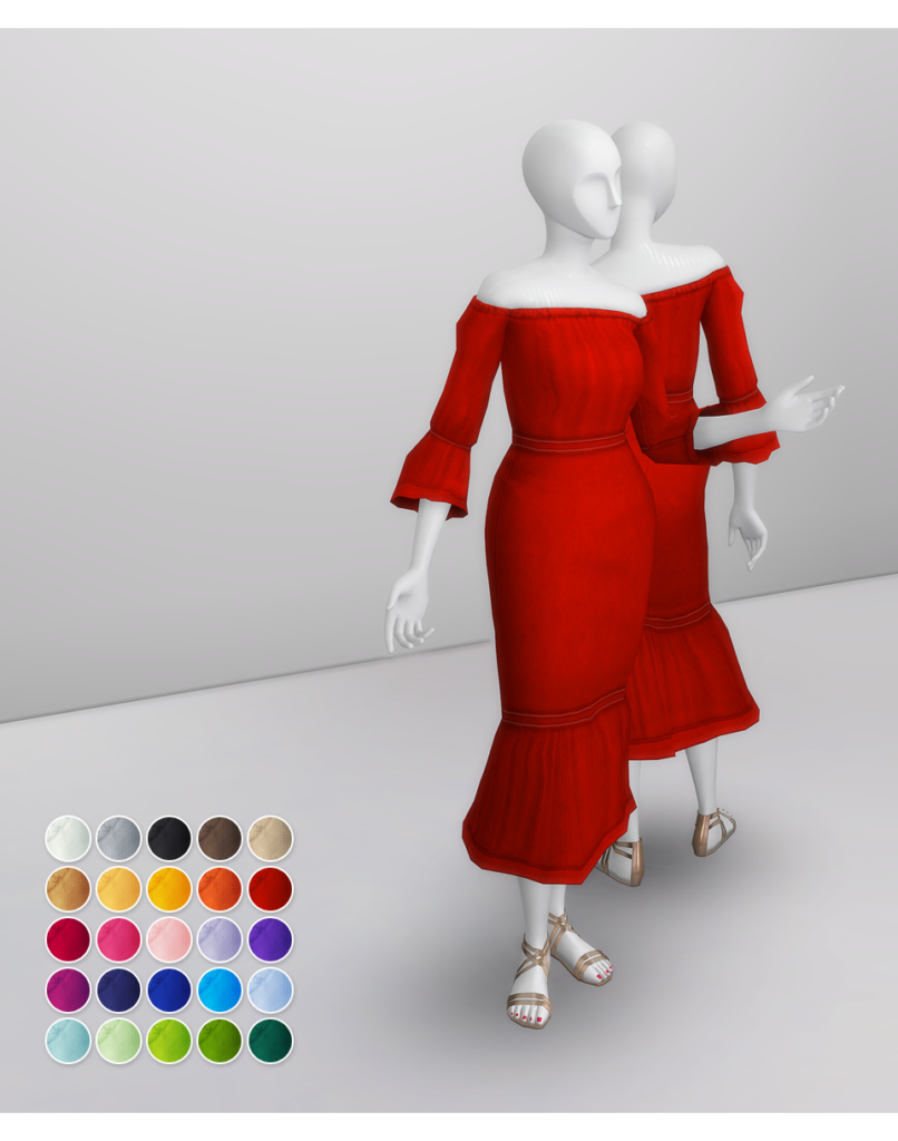 Eine weiße Schaufensterpuppe aus Die Sims 4, die ein rotes Off-Shoulder-Kleid trägt.
