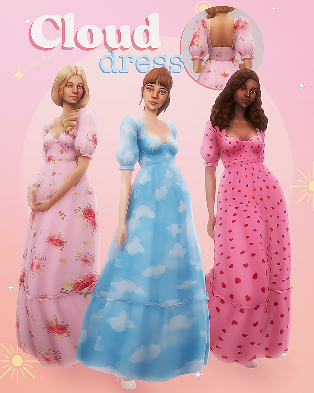 Drei Figuren aus Die Sims 4, die bodenlange Kleider mit lustigen Mustern tragen, die perfekte cc Hochzeitsgäste-Kleider sind.