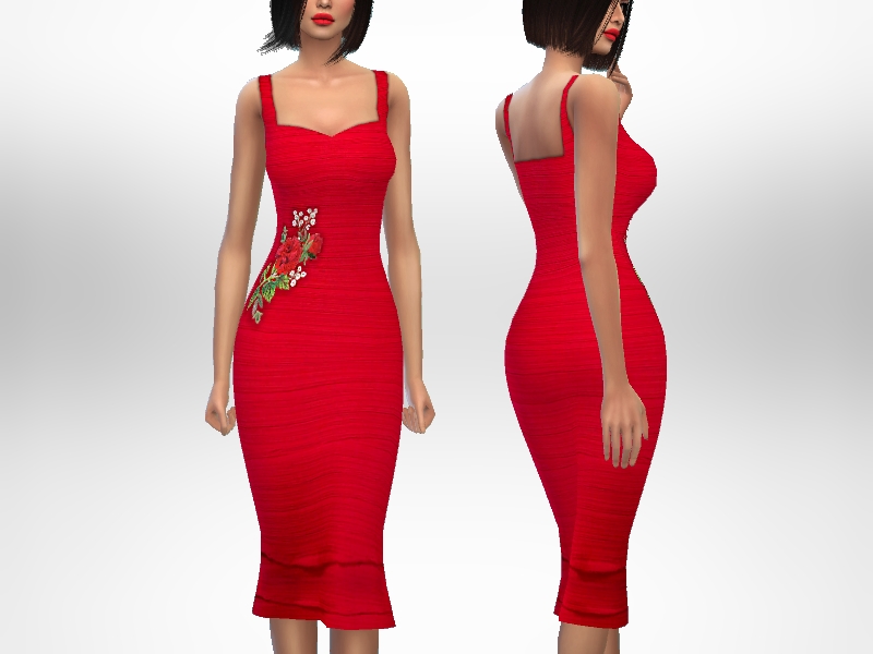 Ein Bild desselben Charakters aus The Sims 4 zweimal, wobei der Kopf vom Bild abgeschnitten ist. Sie tragen ein enges rotes Kleid mit floraler Stickerei an der Seite.