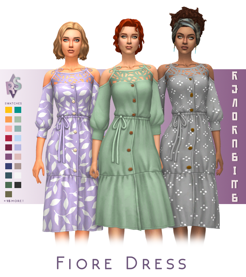 Drei Sims, die in derselben Position stehen und verschiedene Farbvarianten desselben Kleides tragen, das ein großartiges Hochzeits-Custom-Content-Gästekleid für Die Sims 4 ist.
