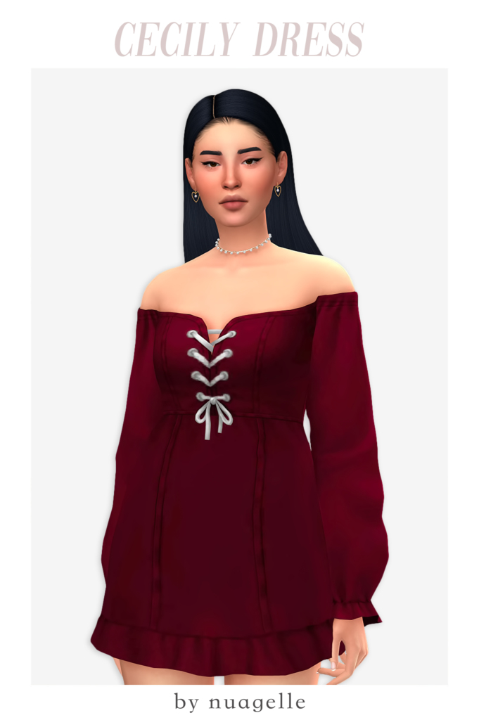 Ein Sim mit schwarzen Haaren, der ein off-shoulder burgundfarbenes Kleid mit Schnüren über der Brust trägt.