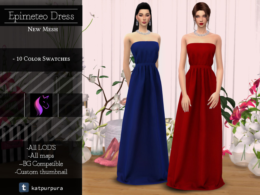 Zwei Sims, die baumelnde Ohrringe und auffällige Halsketten tragen. Sie tragen beide trägerlose bodenlange Hochzeitsgast-Custom-Content-Kleider in Die Sims 4.