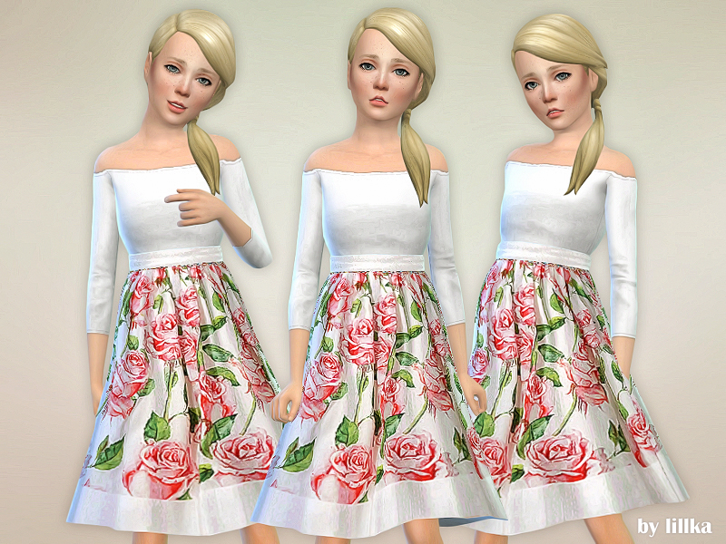 Das gleiche Kind aus Die Sims 4 dreimal. Dieses Kind hat blonde Haare in einem seitlichen Pferdeschwanz und ein schulterfreies Kleid mit einem weißen Oberteil und Rosen auf dem Rock.